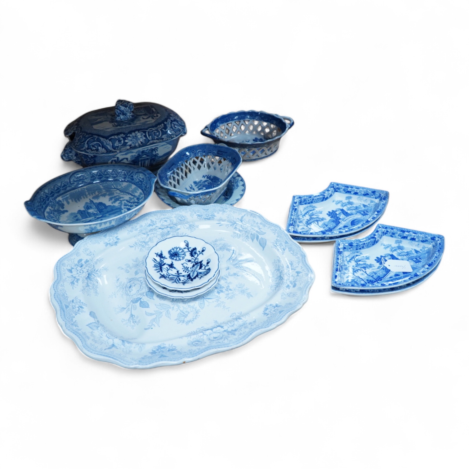 A group of Victorian blue-printed dinner wares, including a Chinese blue and white dish and a Wade bird (13).